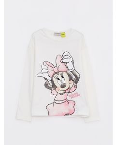 Crew Neck Minnie Mouse Printed Long Sleeve Cotton Girls T-Shirt