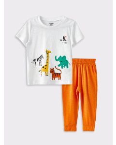 Crew Neck Short Sleeve Printed Cotton Baby Boy T-Shirt and Trousers 2-Piece Set