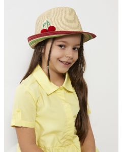 Girl's Straw Fedora Hat With Cherry Appliqué