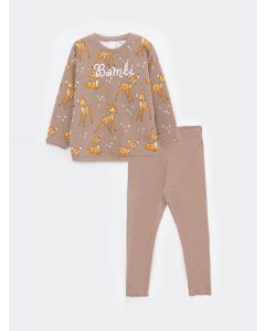 Crew Neck Long Sleeved Bambi Printed Baby Girl Sweatshirt and Leggings 2-Pack Set