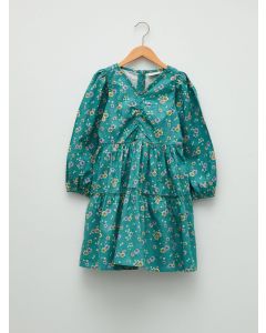 V-Neck Patterned Long Sleeve Girls' Dress
