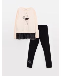 Crew Neck Printed Long Sleeve Girl Sweatshirt and Tights