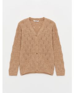 V Neck Self-Patterned Long Sleeve Girls Knitwear Cardigan