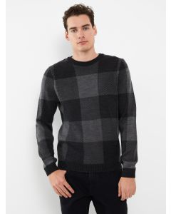 Crew Neck Long Sleeve Plaid Men's Tricot Sweater