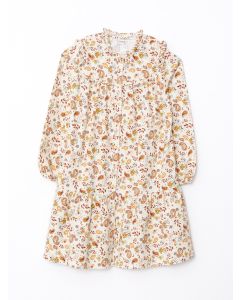 Crew Neck Patterned Long Sleeve Gabardine Girl Dress