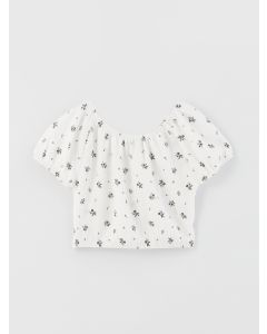 U Neck Patterned Short Sleeve Girls' Blouse