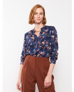 Henley Neckline Flower Long Sleeve Viscose Women's Blouse