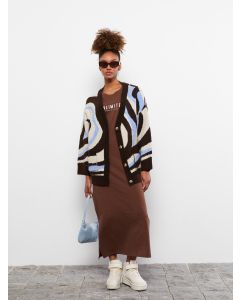 V Neck Patterned Long Sleeve Women's Tricot Cardigan