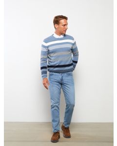 Crew Neck Long Sleeve Striped Men's Tricot Sweater
