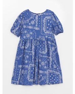 Crew Neck Patterned Short Sleeve Girl Dress