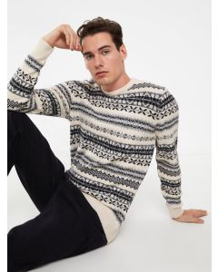 Crew Neck Long Sleeve Patterned Men's Tricot Sweater