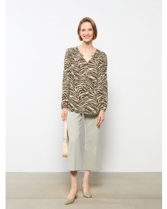 Johnny Collar Patterned Long Sleeve Women's Blouse