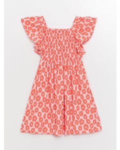 Square Neck Patterned Short Sleeve Girls' Dress