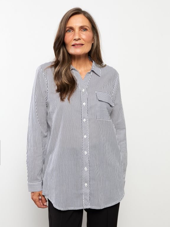 Striped Shirt Collar Long Sleeve Cotton Women's Tunic
