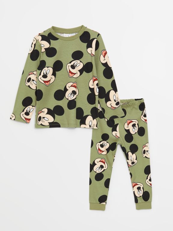 Crew Neck Long Sleeved Mickey Mouse Printed Baby Boy Pajamas Set