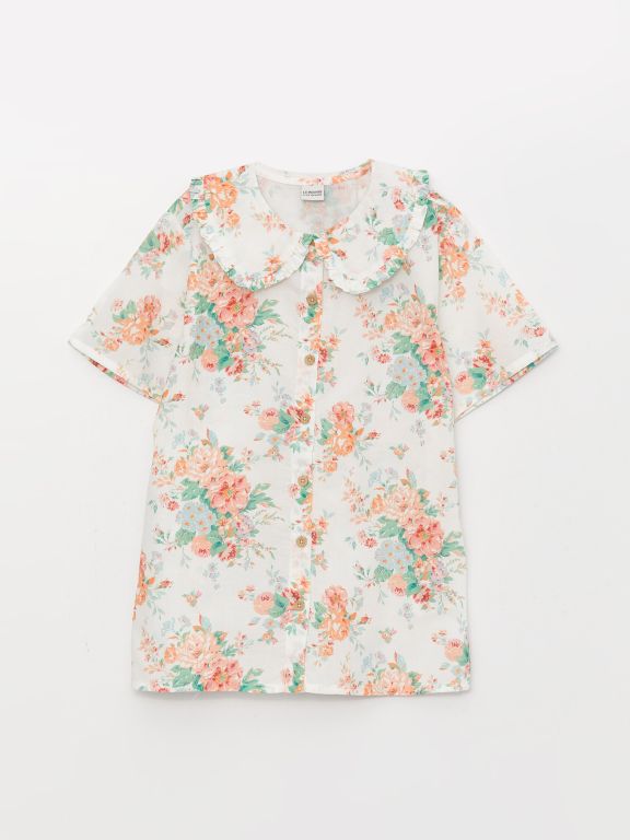 Baby Collar Patterned Short-Sleeved Girl's Shirt and Trousers