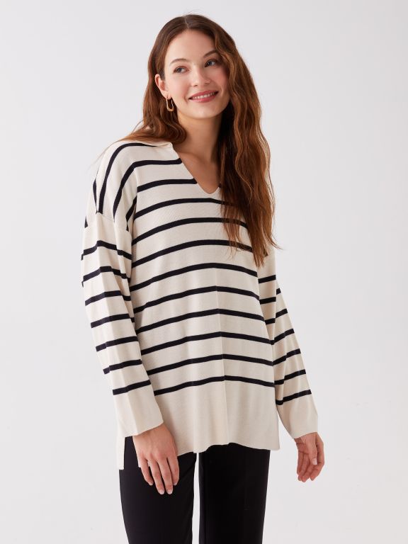 Polo Neck Striped Long-Sleeve Oversized Women's Knitwear Sweater