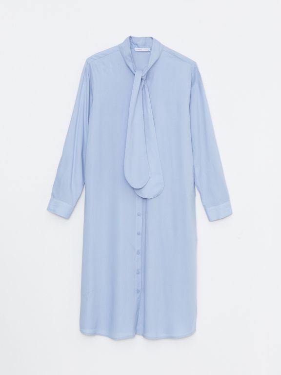 Tied Collar Straight Long Sleeve Viscose Women's Tunic