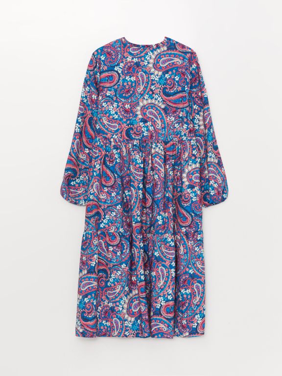 Tie Collar Patterned Long Sleeve Women's Shirt Dress