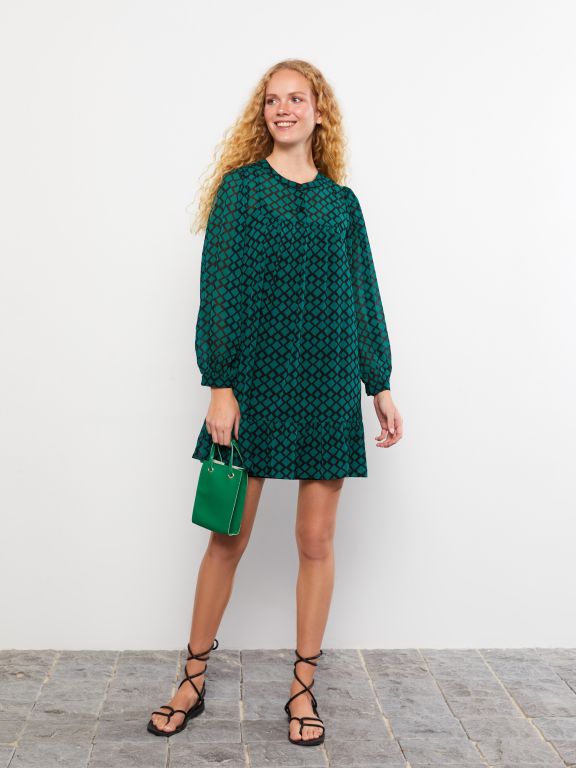 Crew Neck Patterned Long Sleeve Chiffon Women's Dress