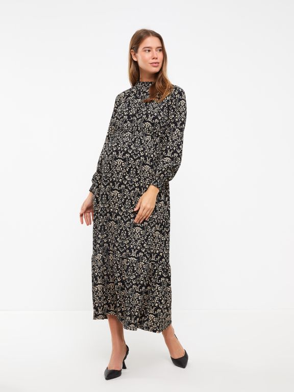 Standing Collar Patterned Long Sleeve Crinkled Maternity Dress