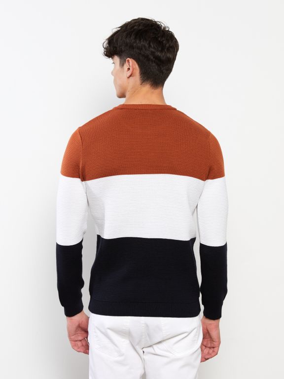 Crew Neck Long Sleeve Men's Tricot Sweater with Color Block
