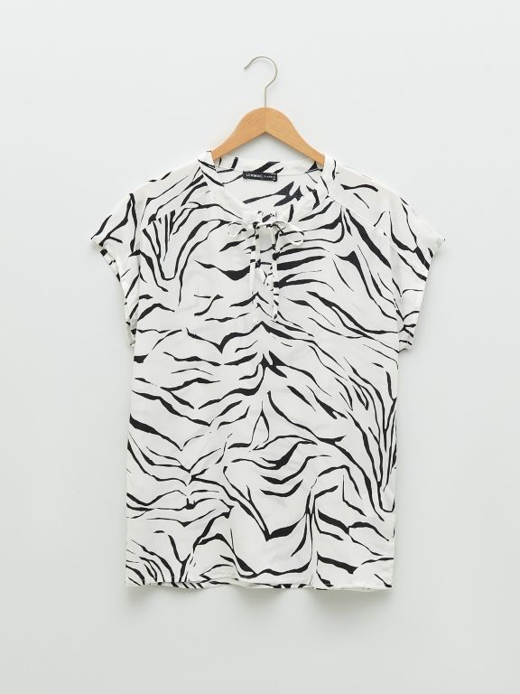 Tie Collar Patterned Short Sleeve Viscose Women's Blouse