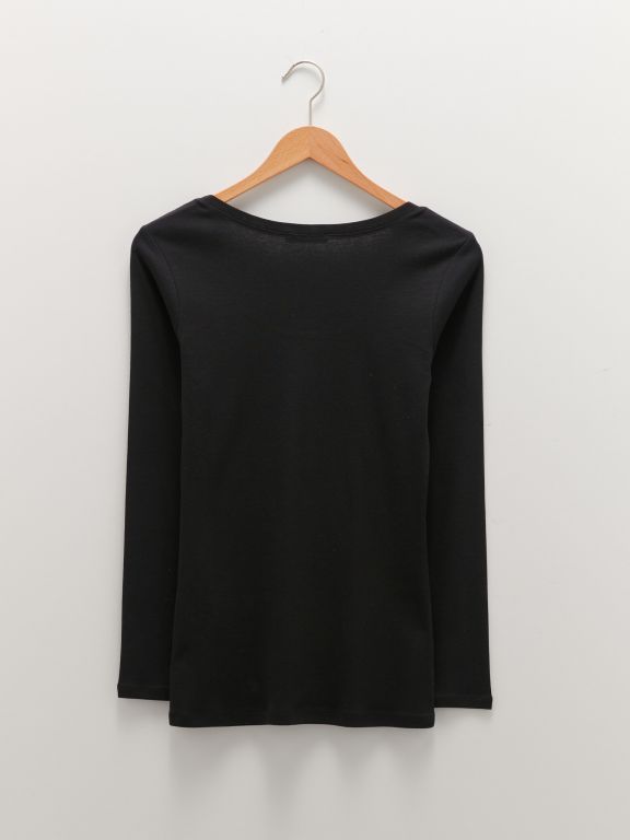 Women's U-Neck Plain Long Sleeve Cotton T-Shirt
