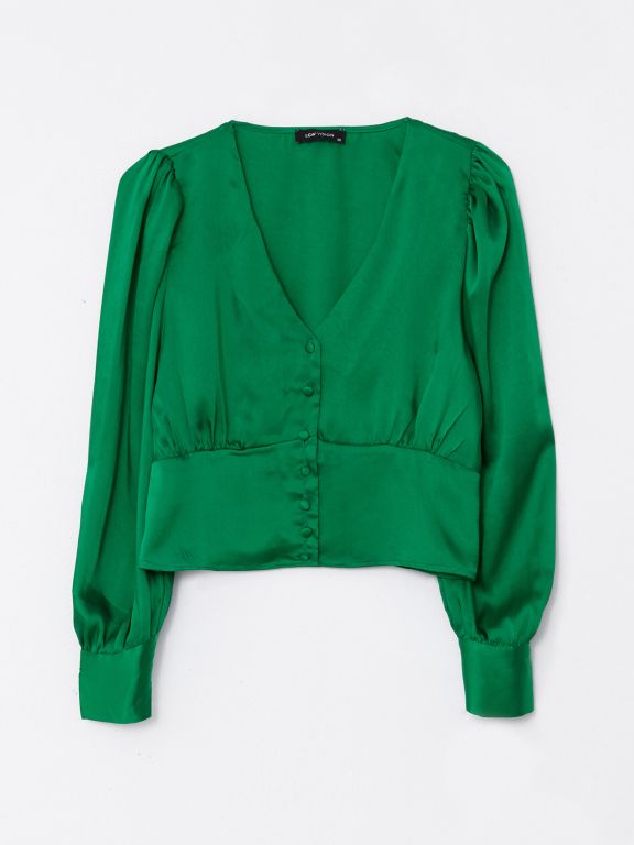 V-Neck Straight Long Sleeve Satin Women's Blouse