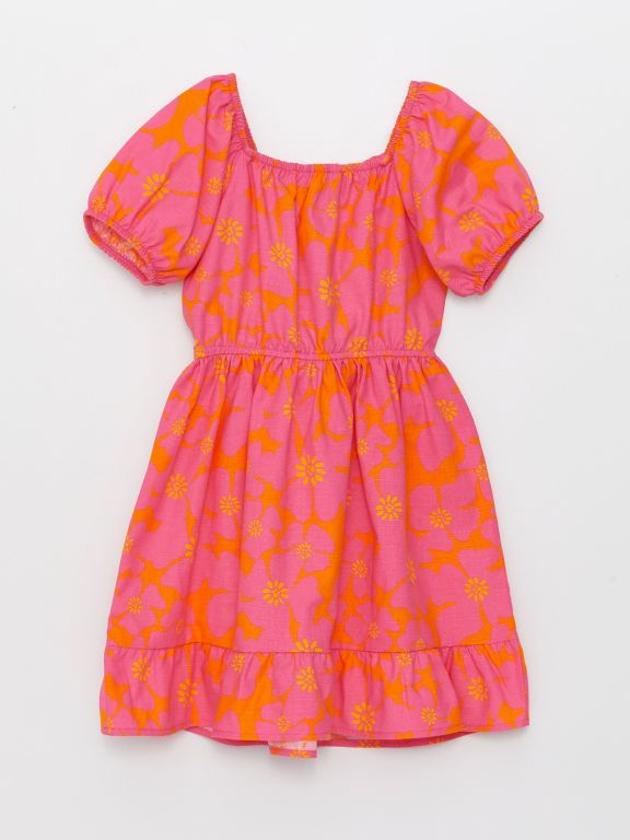 Square Neck Patterned Short Sleeve Girls' Dress