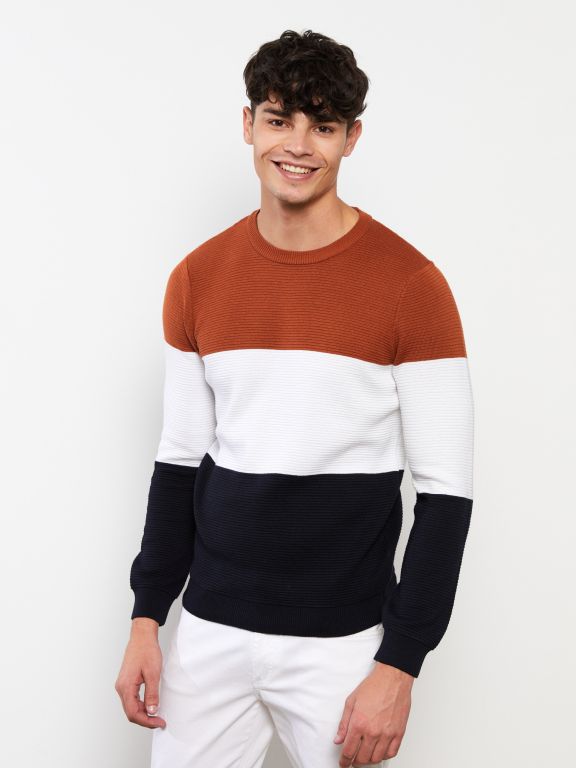 Crew Neck Long Sleeve Men's Tricot Sweater with Color Block