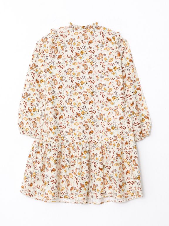 Crew Neck Patterned Long Sleeve Gabardine Girl Dress