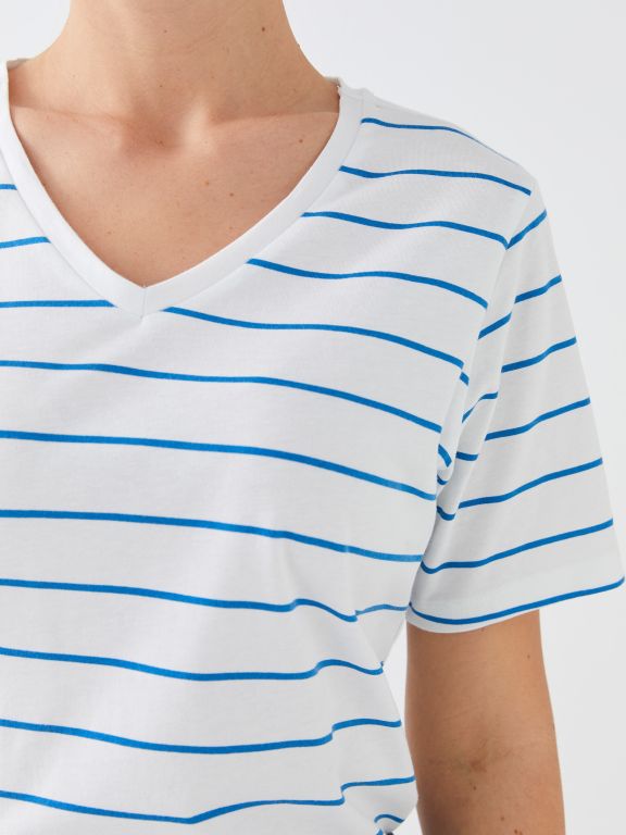 V Neck Striped Short Sleeve Women T-Shirt