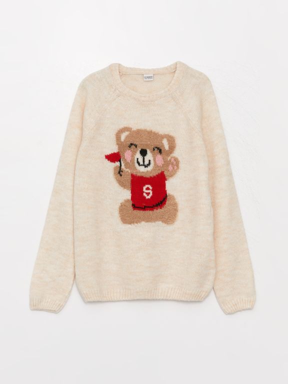 Crew Neck Patterned Long Sleeve Girl Tricot Sweater