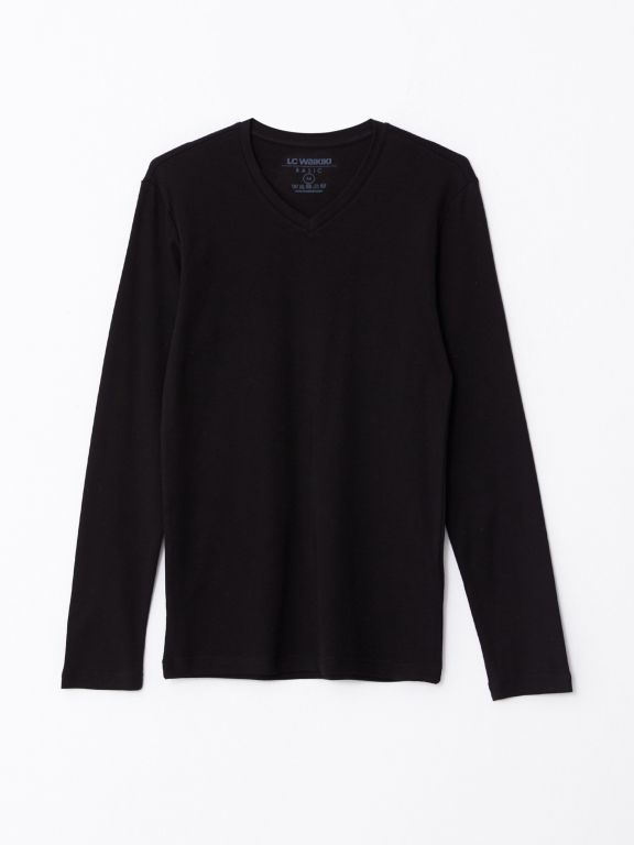 V Neck Long Sleeve Combed Cotton Men's T-shirt