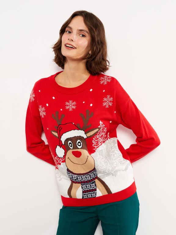 Crew Neck Printed Long Sleeve Women's Tricot Sweater