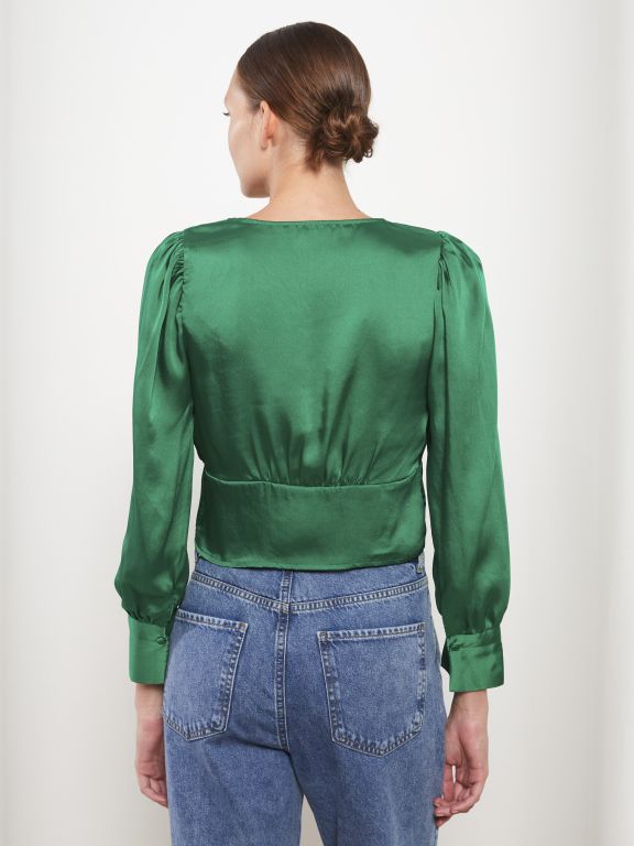 V-Neck Straight Long Sleeve Satin Women's Blouse