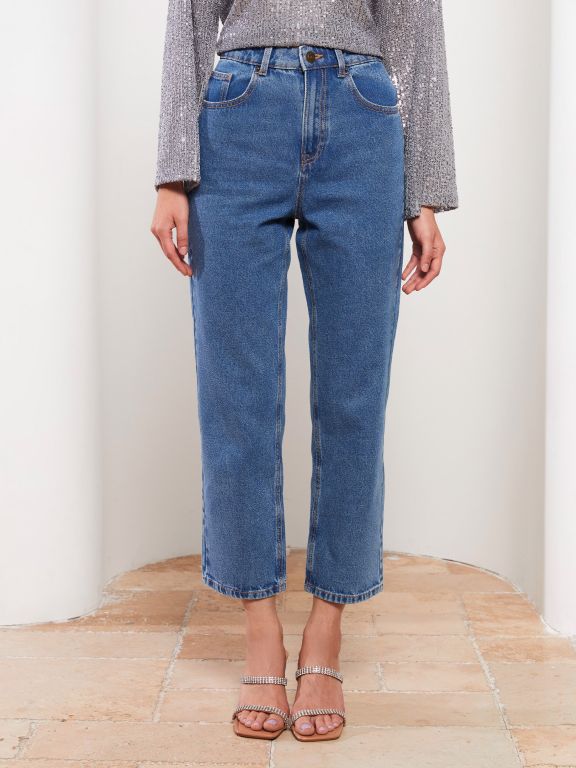 High Waisted Straight Fit Women's Denim Trousers