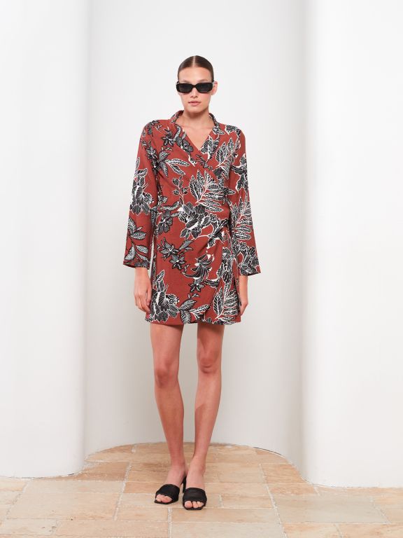Double Breasted Collar Patterned Long Sleeve Women's Dress