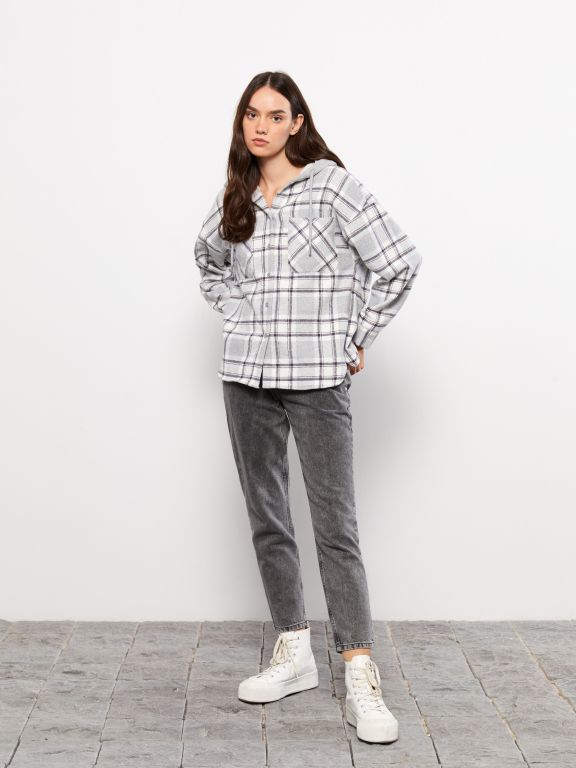 Hooded Plaid Long Sleeve Flannel Oversize Women Lumberjack Shirt Jacket