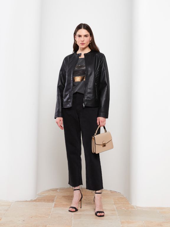Crew Neck Regular Long Sleeve Women's Faux Leather Jacket