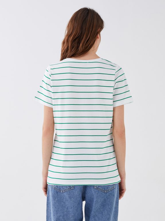 V Neck Striped Short Sleeve Women T-Shirt