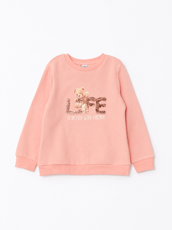 Crew Neck Printed Reversible Sequined Long Sleeve Girl's Sweatshirt