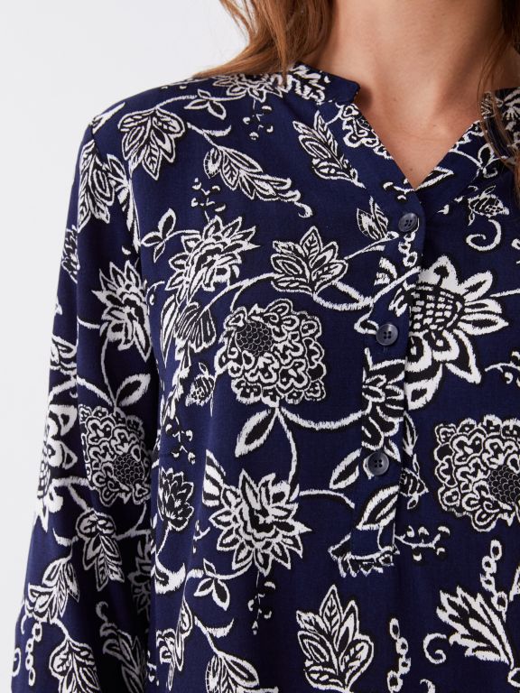 Henley Neckline Patterned Long Sleeve Women's Blouse