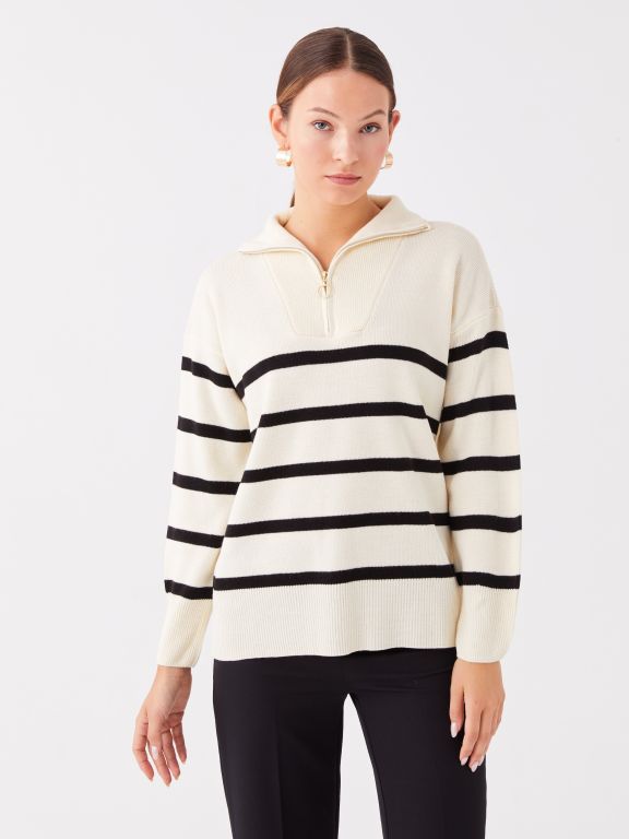 Jacket Collar Striped Long Sleeve Oversized Women's Knit Sweater