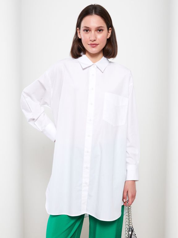 Shirt Collar Straight Long Sleeve Poplin Women's Tunic