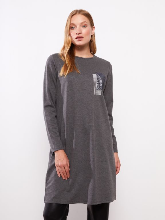 Crew Neck Sequin Embroidered Long Sleeve Women's Tunic