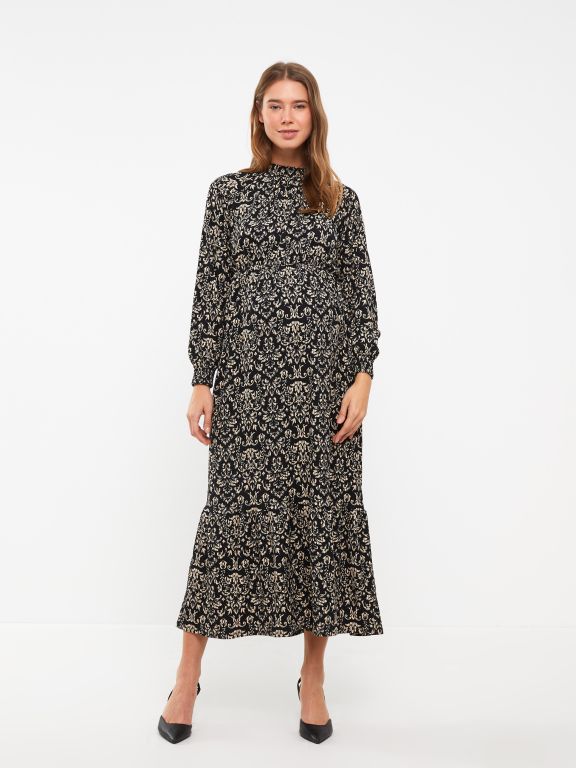 Standing Collar Patterned Long Sleeve Crinkled Maternity Dress