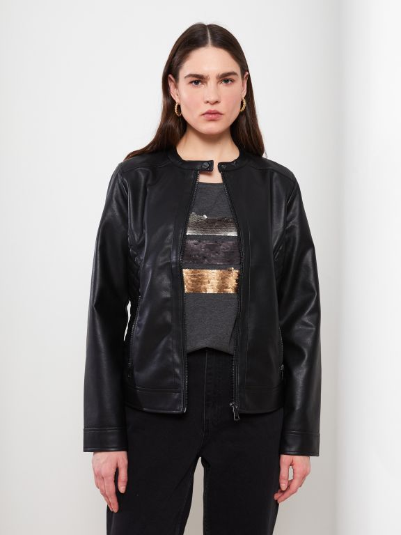 Crew Neck Regular Long Sleeve Women's Faux Leather Jacket