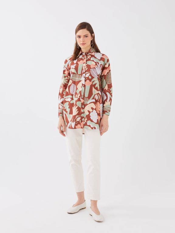 Shirt Collar Patterned Long Sleeve Women's Poplin Tunic